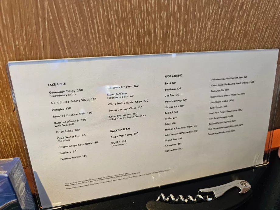 Lista de precios del minibar