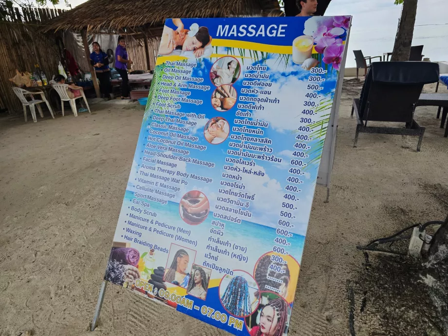 Lista de precios de los masajes en la playa del hotel