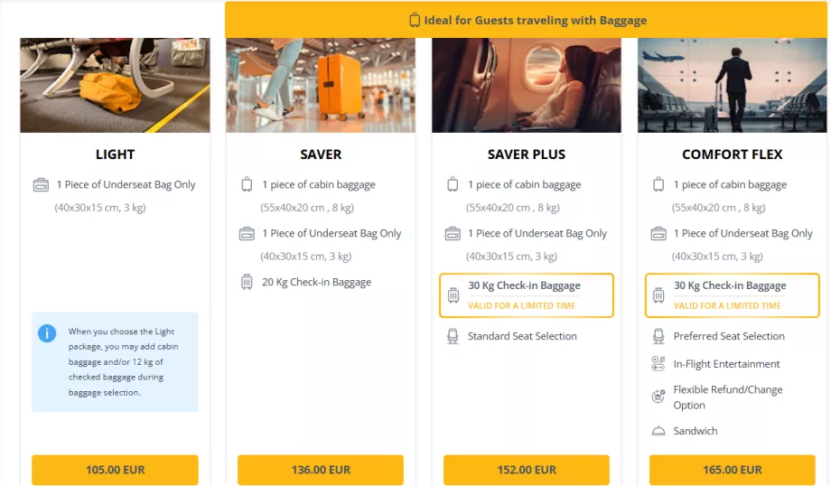 Clases de tarifas de Pegasus Airlines