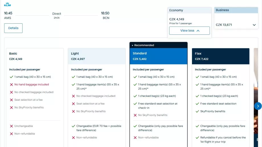Air France-KLM: captura de pantalla de la nueva tarifa