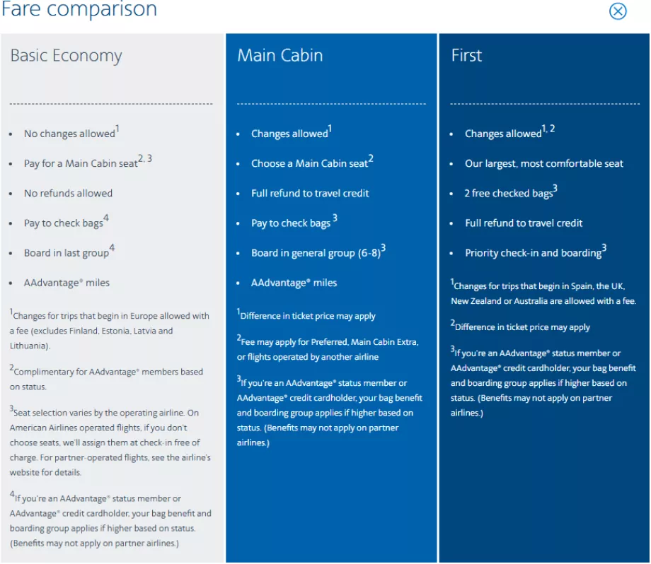 Tarifas nacionales de American Airlines