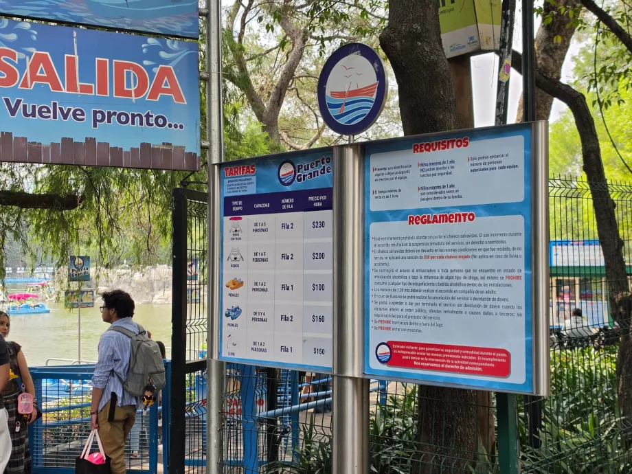 Bosque de Chapultepec, lista de precios para barcos