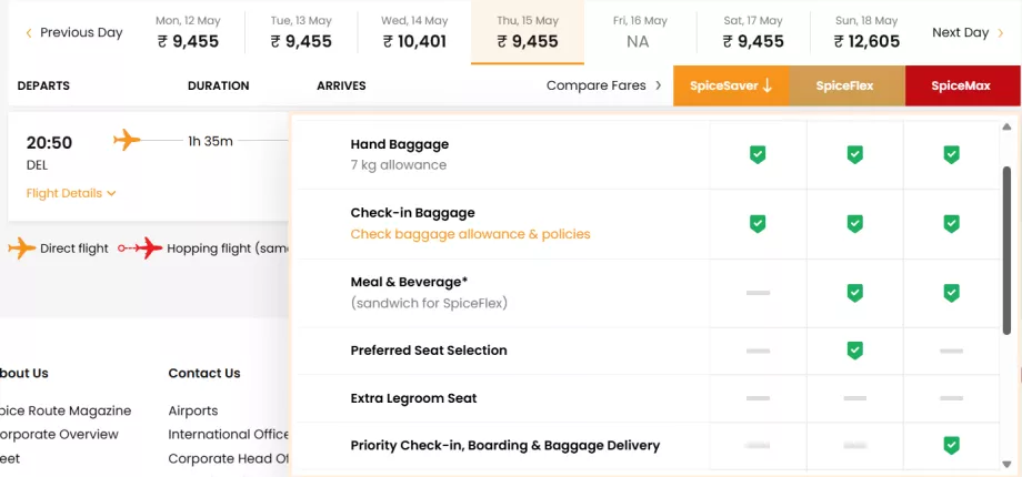 Clases de tarifas de SpiceJet