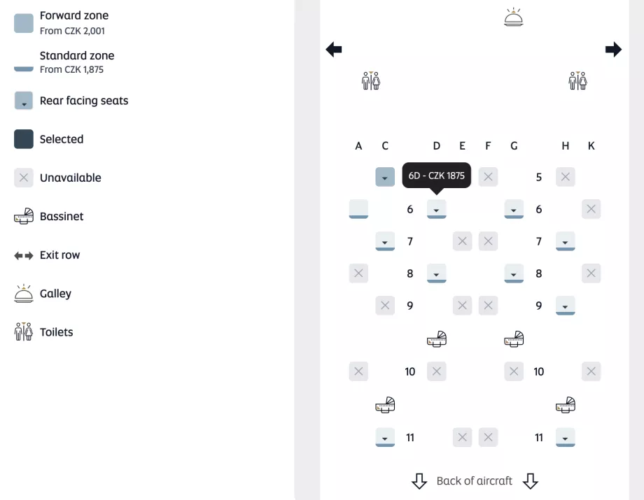 Mapa de asientos y precio de la selección de asientos