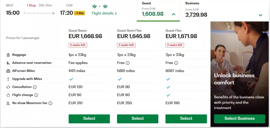 Tarifas de la clase turista