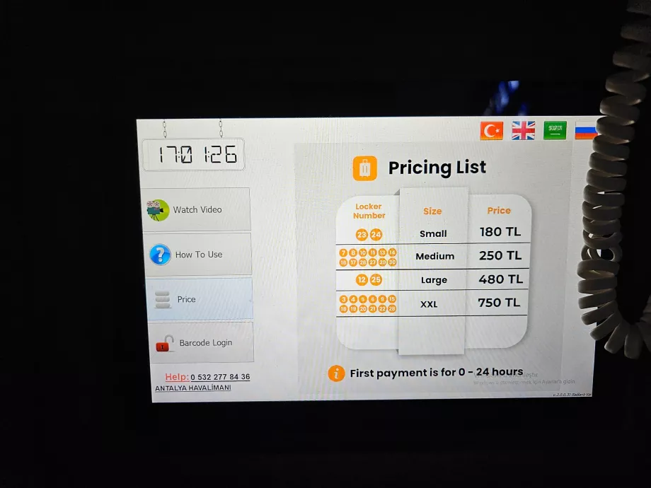 Lista de precios de la consigna de equipajes