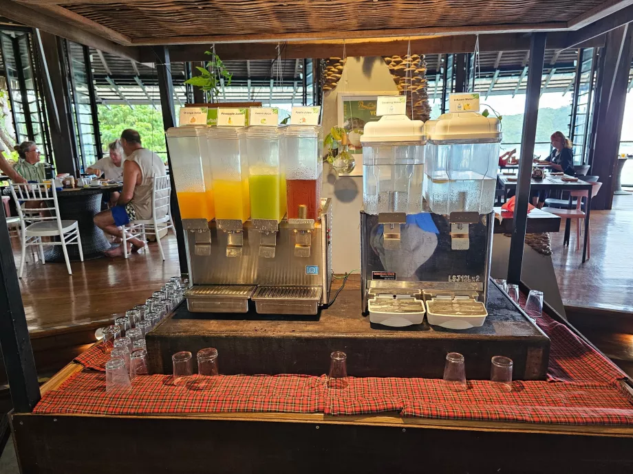 Desayuno: agua y zumos de fruta