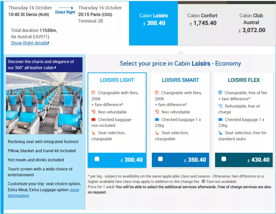 Clases de tarifas de Air Austral