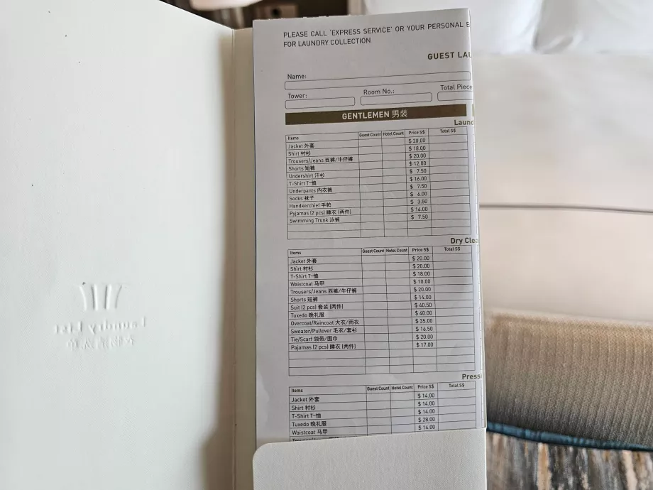 Lista de precios de lavandería