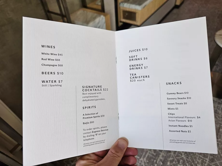 Lista de precios del minibar