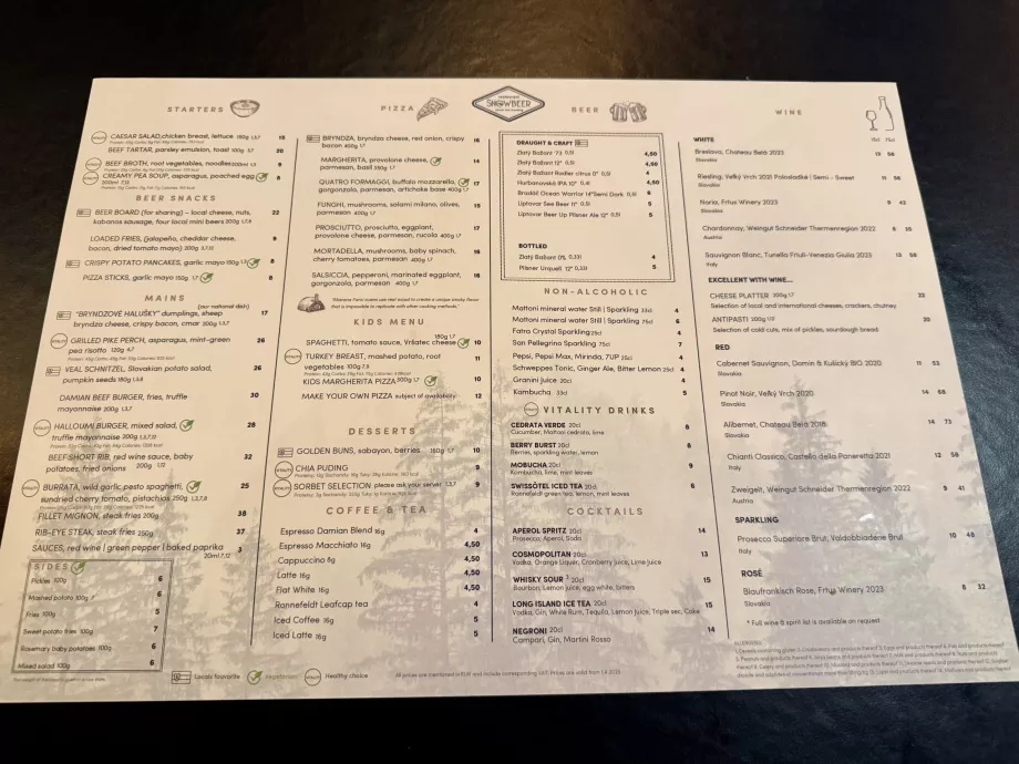 Menú Snowbeer con precios