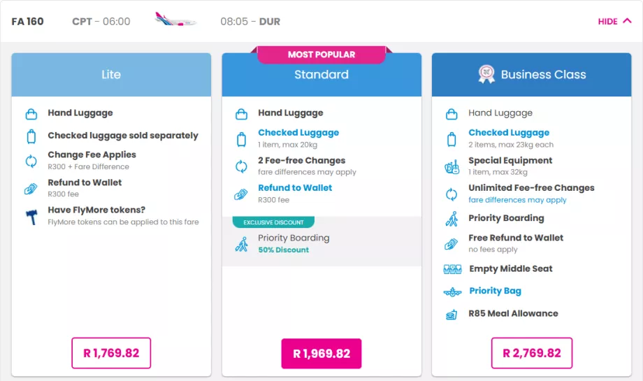 Clases de tarifas FlySafair