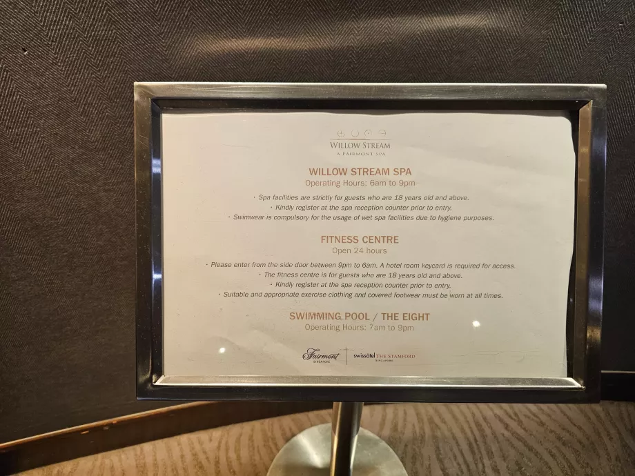 Horario de apertura de la piscina, el gimnasio y el spa