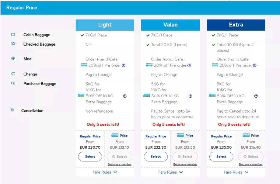 Clases de tarifas de Jazeera Airways