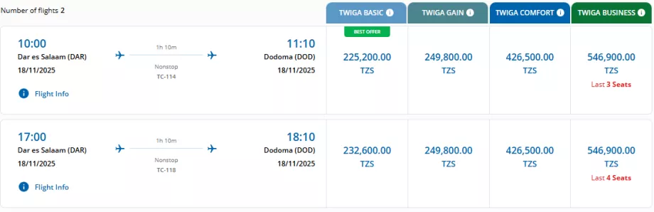 Clases de tarifas de Air Tanzania