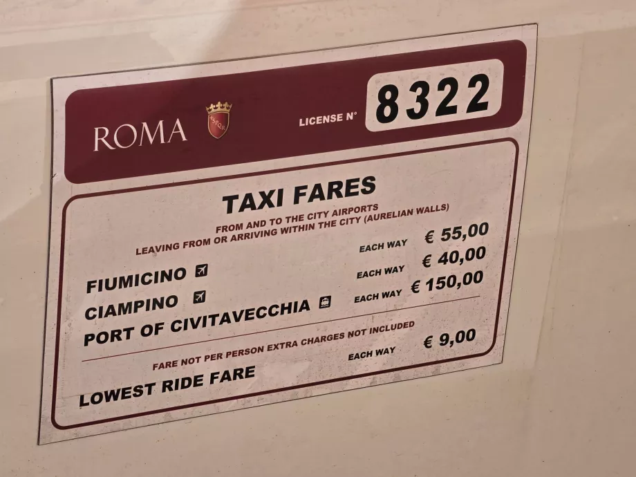 Precios oficiales de taxi en Roma
