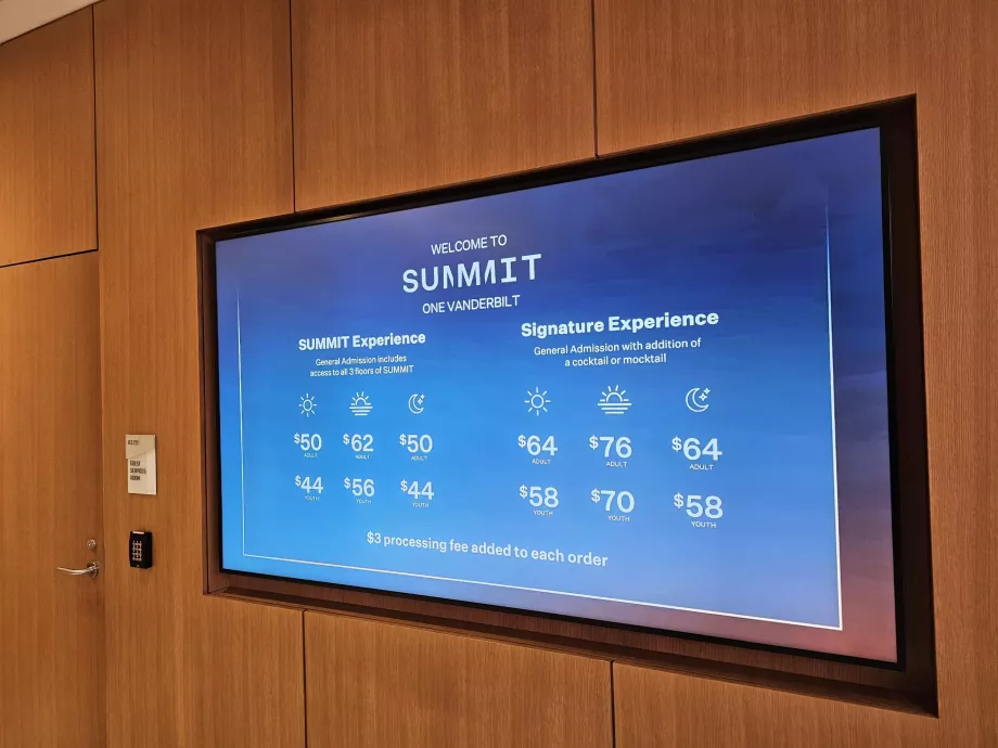 Summit One Vanderbilt, lista de precios