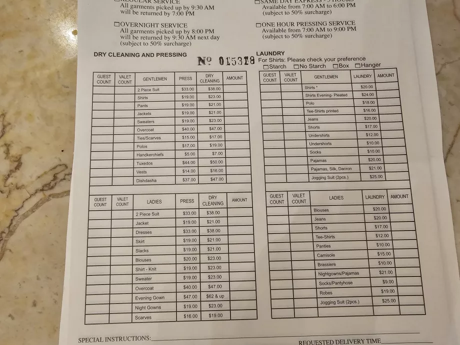 Precios del servicio de lavandería