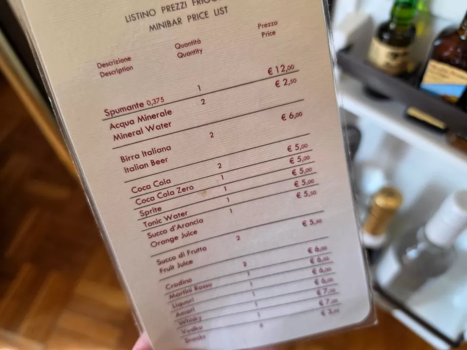 Lista de precios de minibar