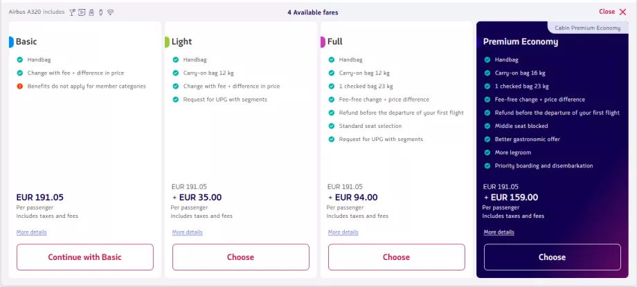 LATAM, comparación de tarifas