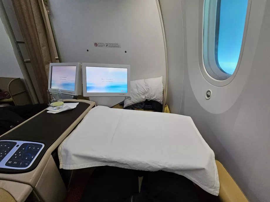Pantalla IFE extraíble y mesa, asiento 1J
