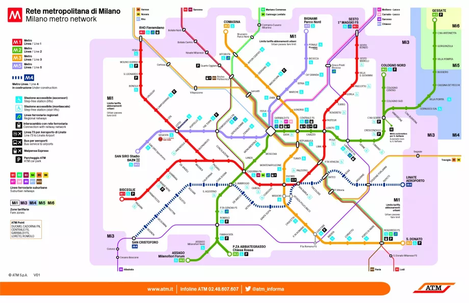 Mapa de metro y trenes S en Milán