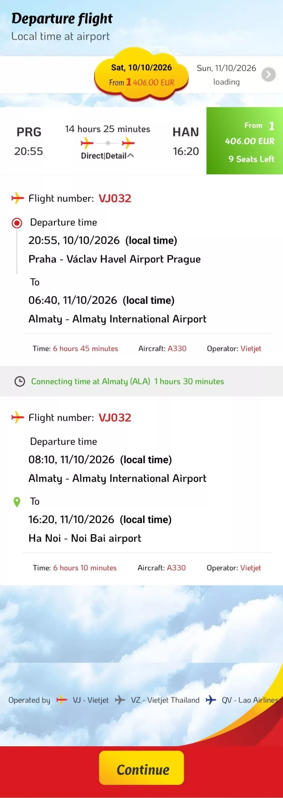 Horario de vuelos Praga - Hanoi
